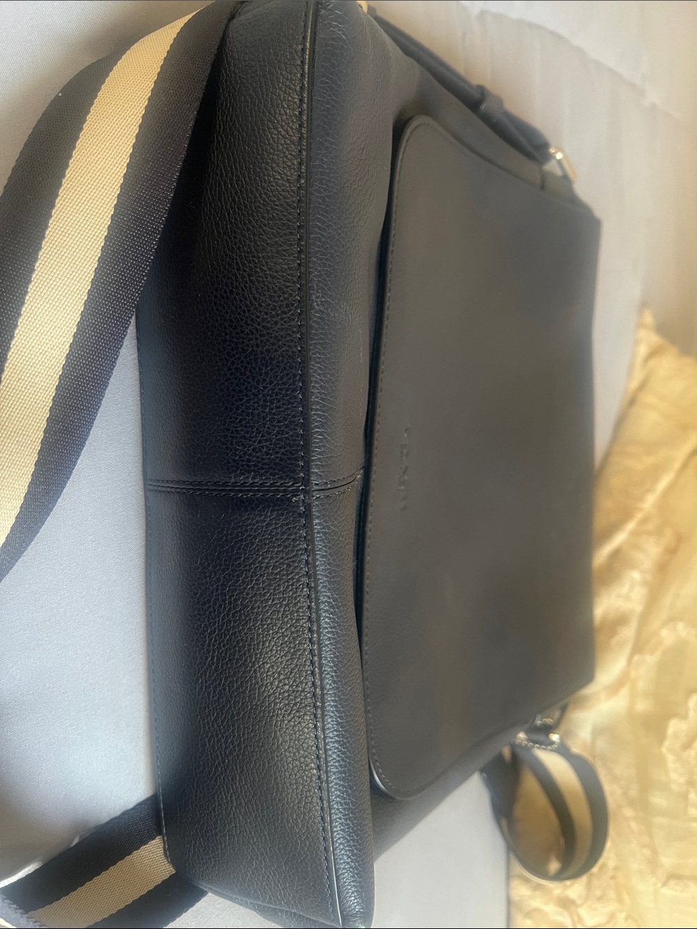 Coach Black Leather Messenger Bag with Tan and Brown Striped Strap - Picture 5 of 7